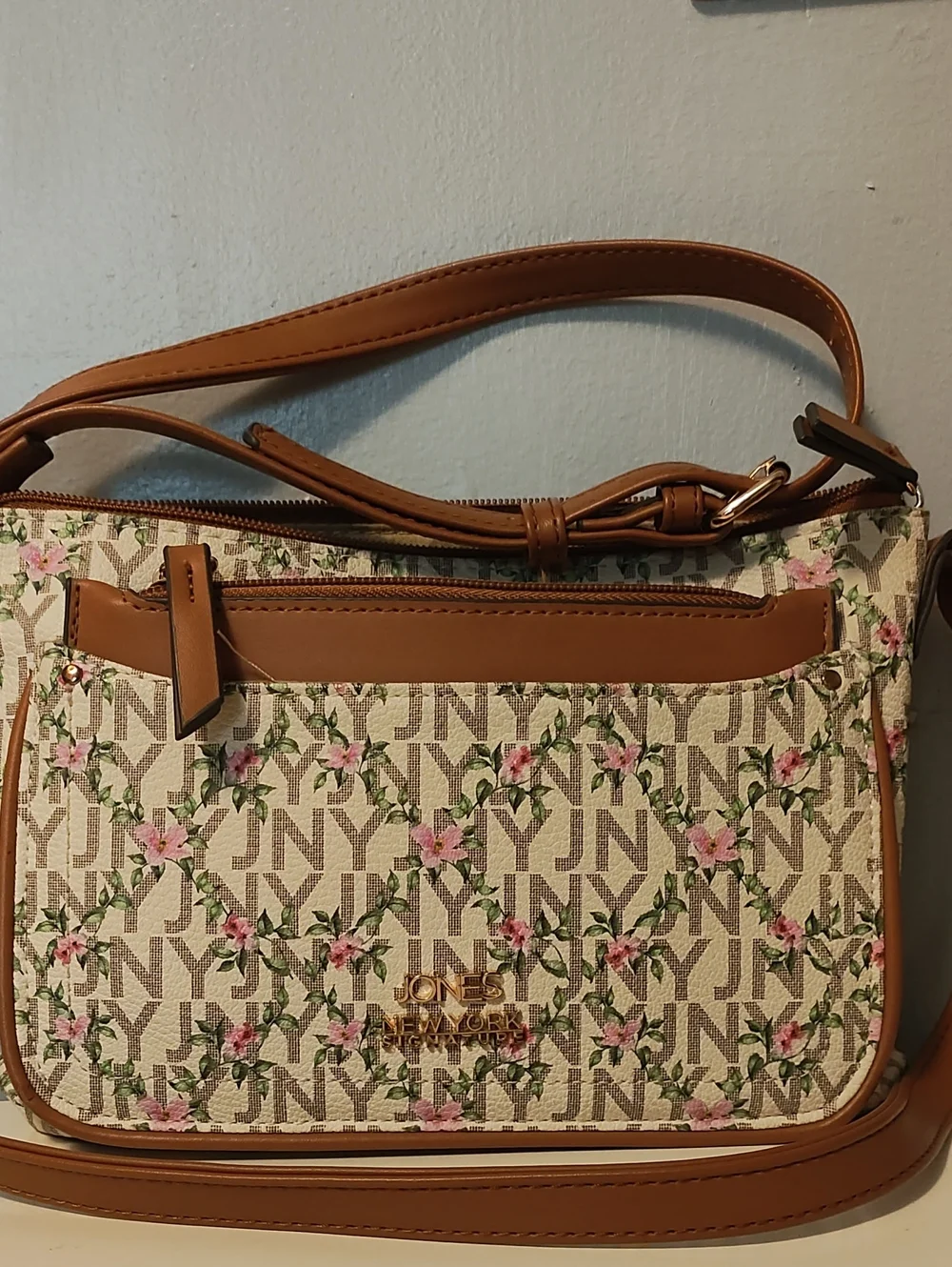 Jones New York Tan Trim Floral Logo Crossbody with Pink Blossoms